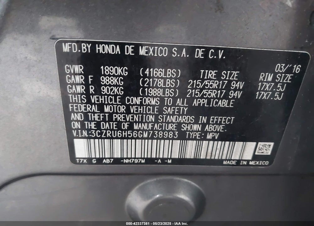 2016 HONDA HR-V EX VIN: 3CZRU6H56GM738983