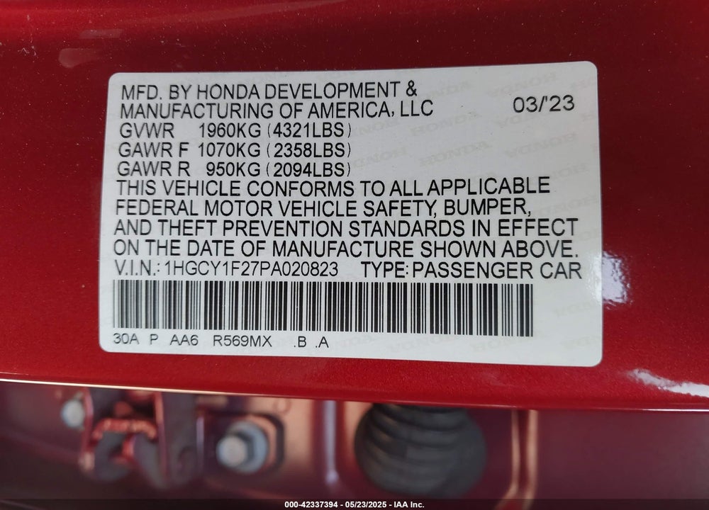 2023 HONDA ACCORD VIN: 1HGCY1F27PA020823