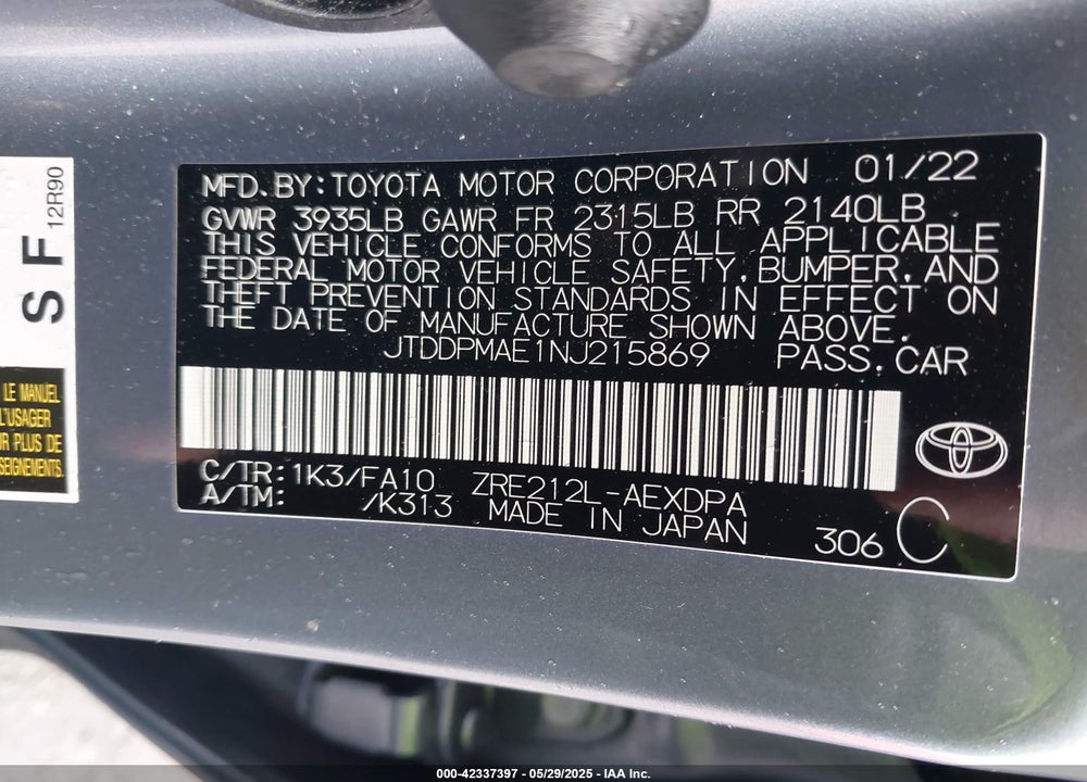 2022 TOYOTA COROLLA L VIN: JTDDPMAE1NJ215869
