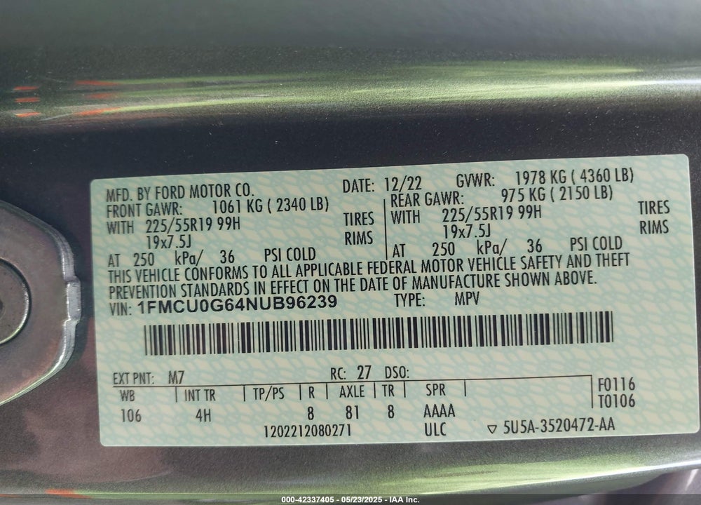 2022 FORD ESCAPE VIN: 1FMCU0G64NUB96239