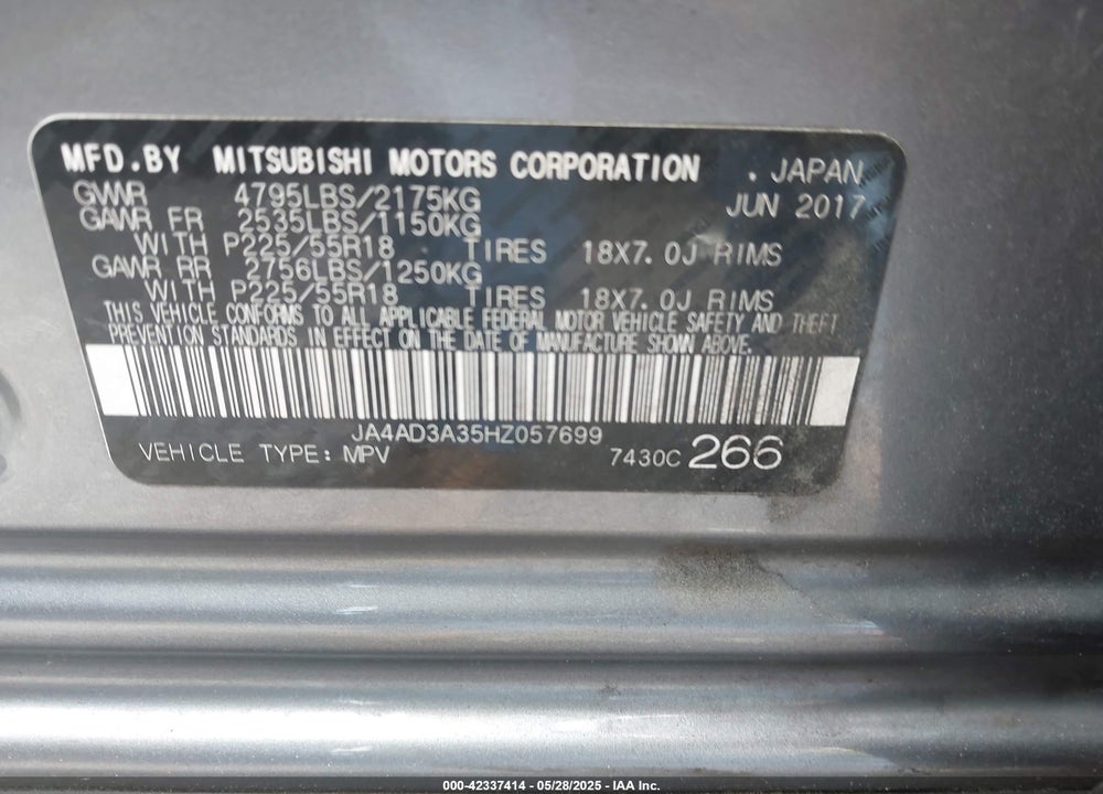 2017 MITSUBISHI OUTLANDER VIN: JA4AD3A35HZ057699
