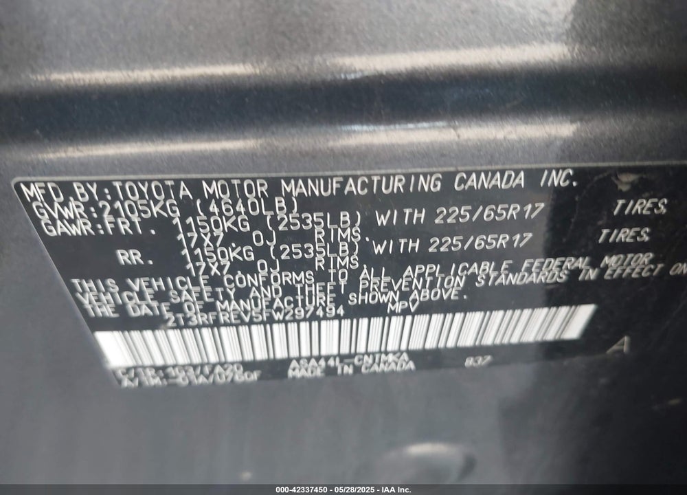 2015 TOYOTA RAV4 VIN: 2T3RFREV5FW297494