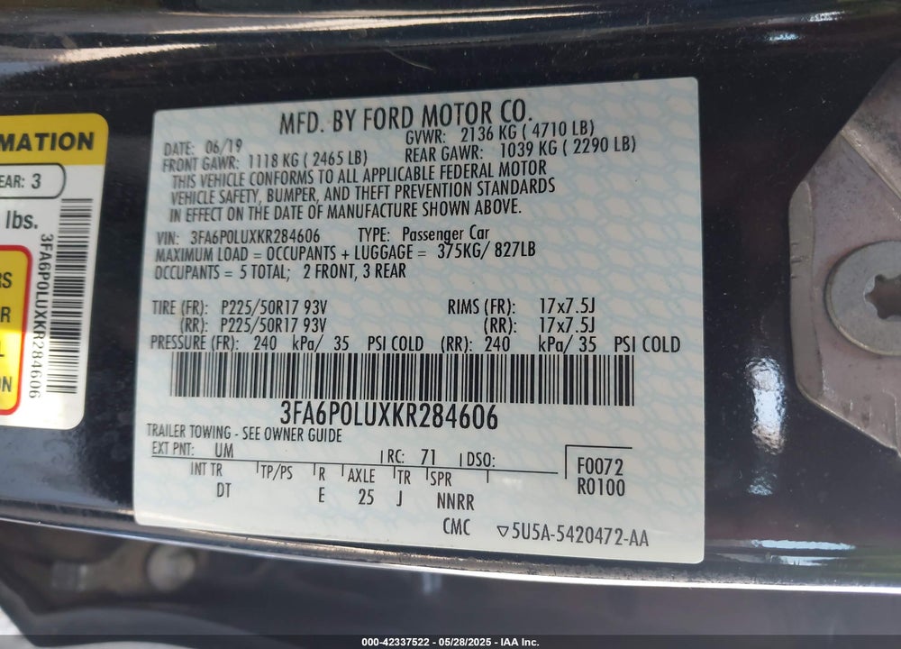 2019 FORD FUSION HYBRID VIN: 3FA6P0LUXKR284606