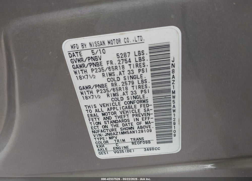 2010 NISSAN MURANO SL VIN: JN8AZ1MW5AW129109