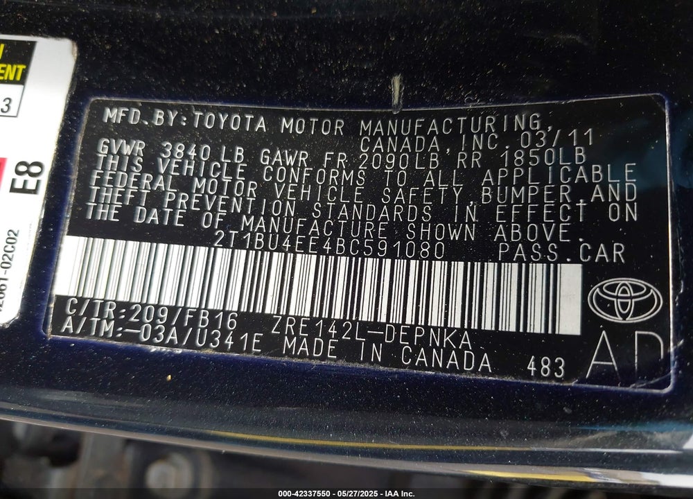 2011 TOYOTA COROLLA VIN: 2T1BU4EE4BC591080