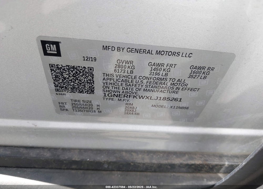 2020 CHEVROLET TRAVERSE VIN: 1GNERFKWXLJ185261