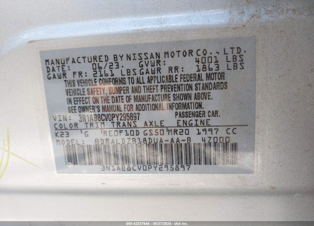 2023 NISSAN SENTRA VIN: 3N1AB8CV0PY295897