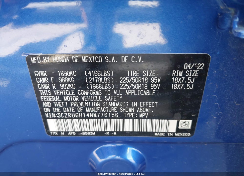 2022 HONDA HR-V AWD SPORT VIN: 3CZRU6H14NM776156