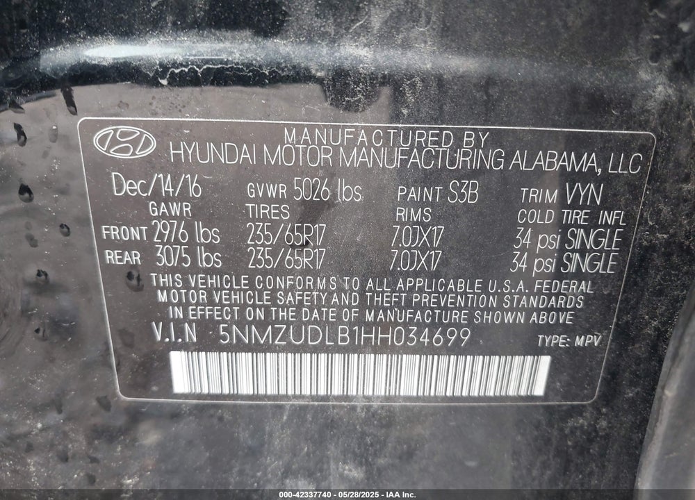 2017 HYUNDAI SANTA FE SPORT VIN: 5NMZUDLB1HH034699