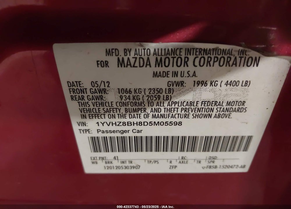 2013 MAZDA 6 VIN: 1YVHZ8BH8D5M05598