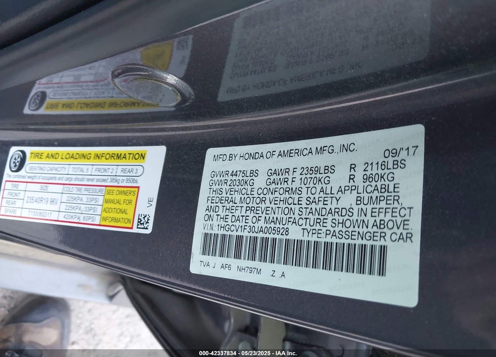 2018 HONDA ACCORD VIN: 1HGCV1F30JA005928