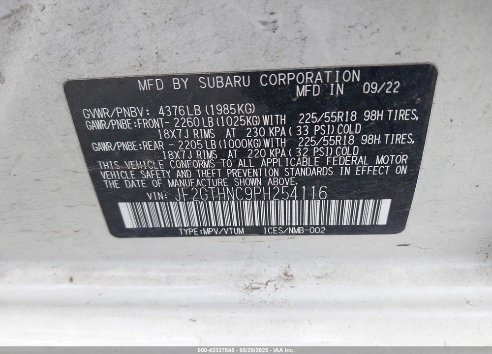 2023 SUBARU CROSSTREK VIN: JF2GTHNC9PH254116