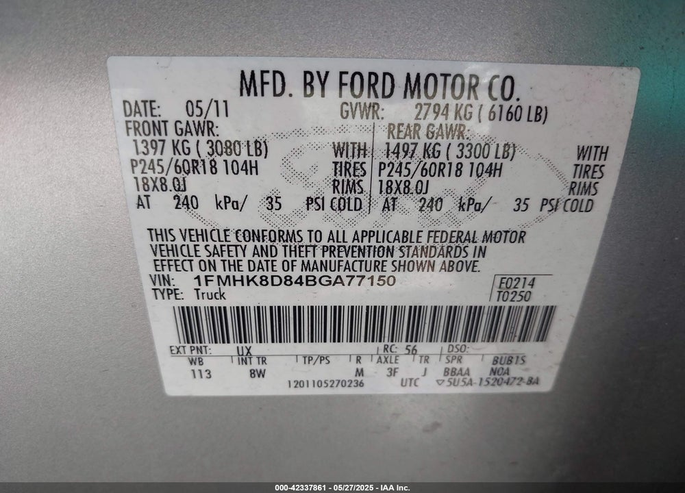 2011 FORD EXPLORER XLT VIN: 1FMHK8D84BGA77150