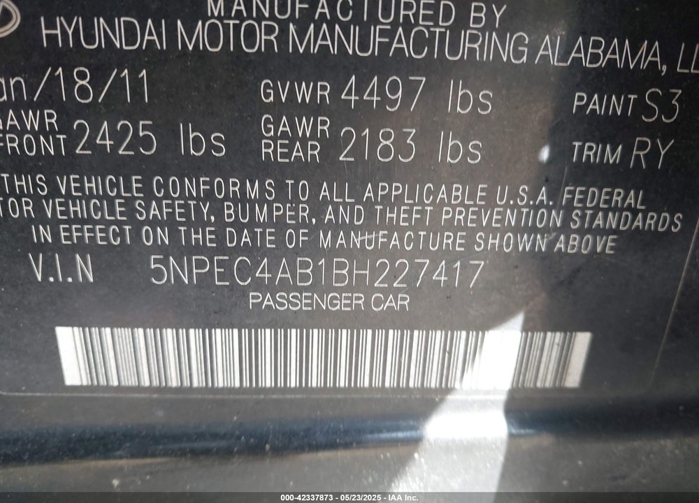 2011 HYUNDAI SONATA VIN: 5NPEC4AB1BH227417