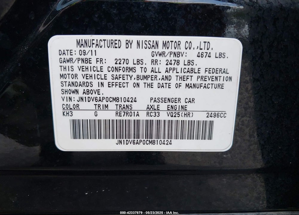 2012 INFINITI G25 JOURNEY VIN: JN1DV6AP0CM810424