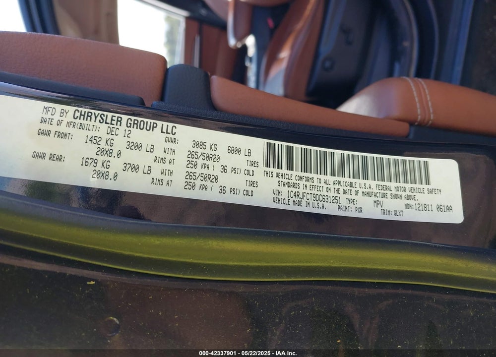 2013 JEEP GRAND CHEROKEE OVERLAND SUMMIT VIN: 1C4RJFCT9DC631251