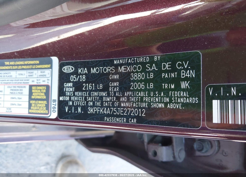 2018 KIA FORTE LX VIN: 3KPFK4A75JE272012