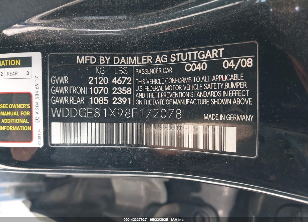 2008 MERCEDES-BENZ C 300 VIN: WDDGF81X98F172078