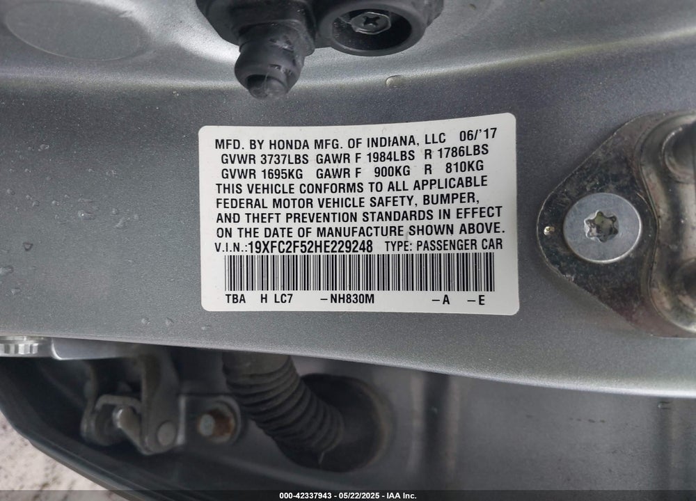 2017 HONDA CIVIC VIN: 19XFC2F52HE229248