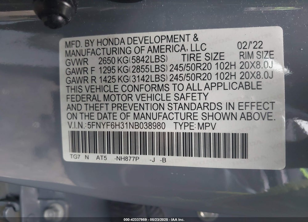 2022 HONDA PILOT VIN: 5FNYF6H31NB038980