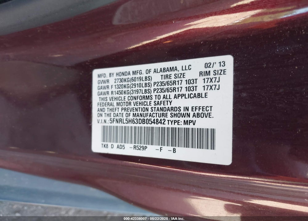 2013 HONDA ODYSSEY VIN: 5FNRL5H63DB054842