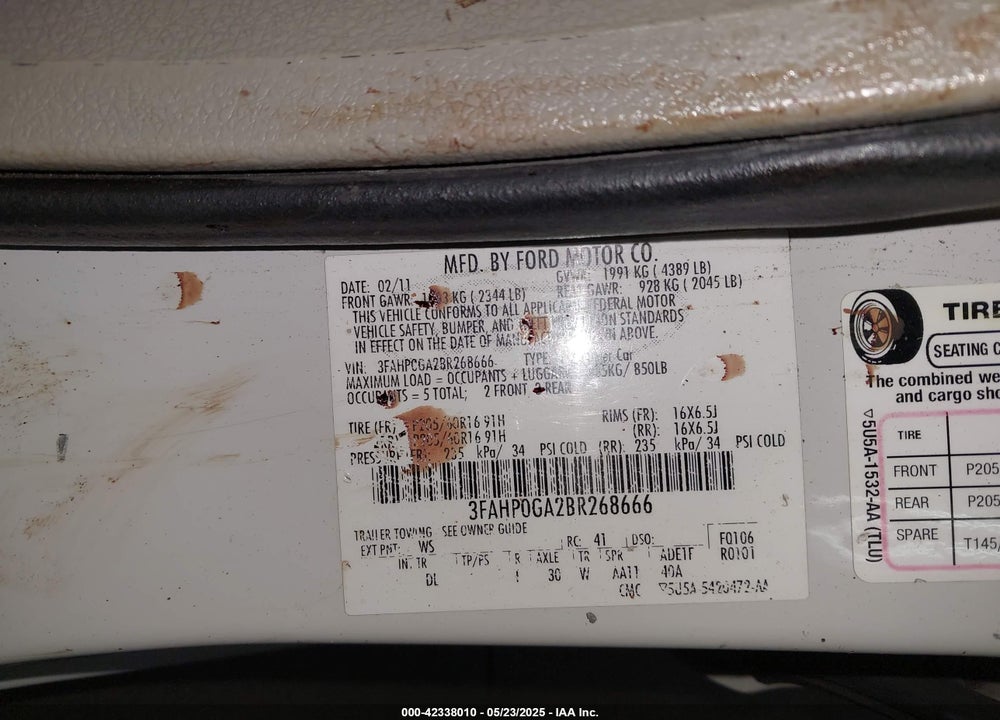2011 FORD FUSION S VIN: 3FAHP0GA2BR268666