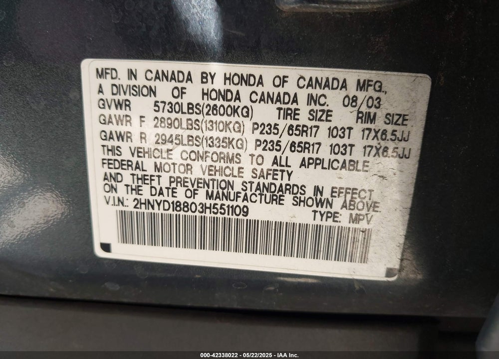 2003 ACURA MDX VIN: 2HNYD18803H551109