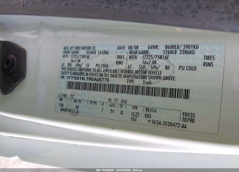 2009 FORD E-150 COMMERCIAL VIN: 1FTNS14L19DA06776