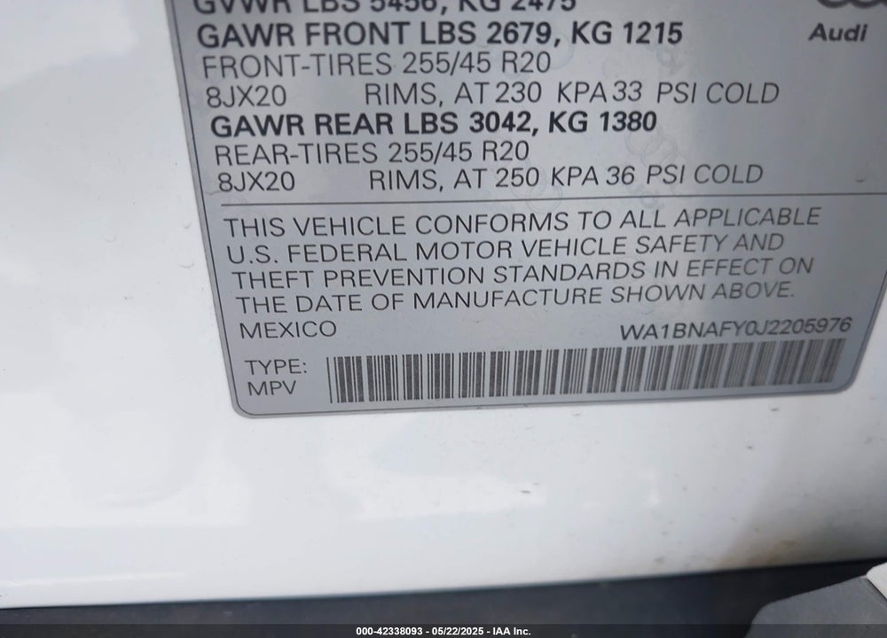 2018 AUDI Q5 2.0T PREMIUM/2.0T TECH PREMIUM VIN: WA1BNAFY0J2205976