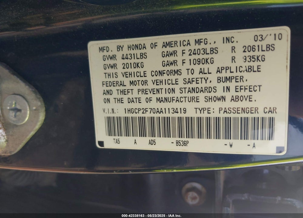 2010 HONDA ACCORD VIN: 1HGCP2F70AA113419