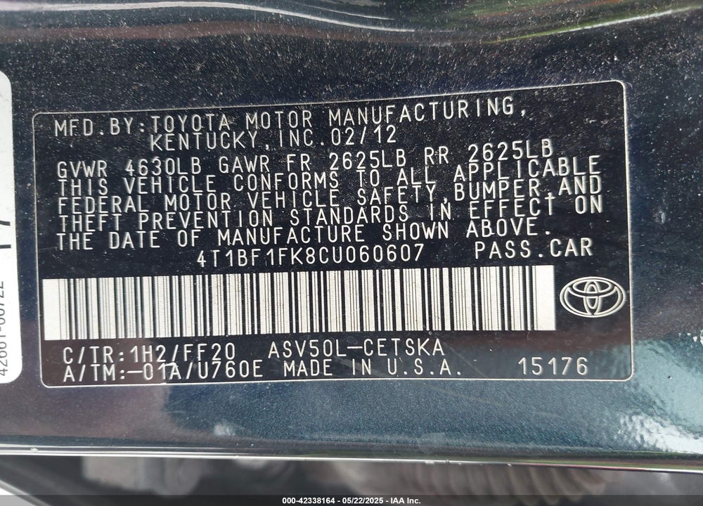 2012 TOYOTA CAMRY VIN: 4T1BF1FK8CU060607