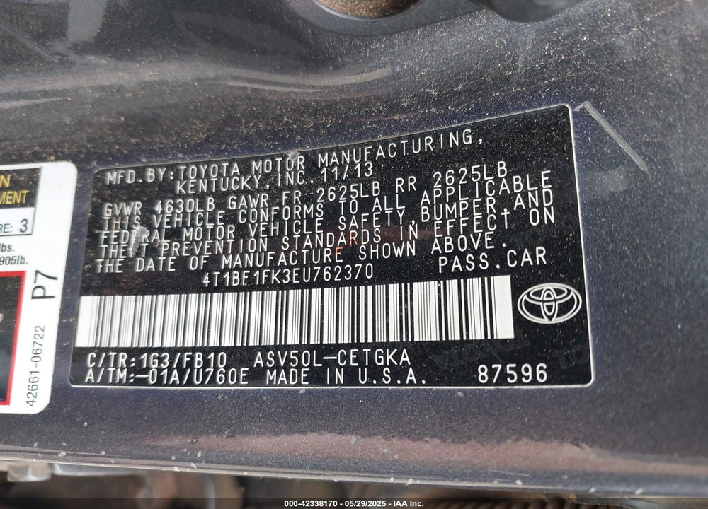 2014 TOYOTA CAMRY XLE VIN: 4T1BF1FK3EU762370