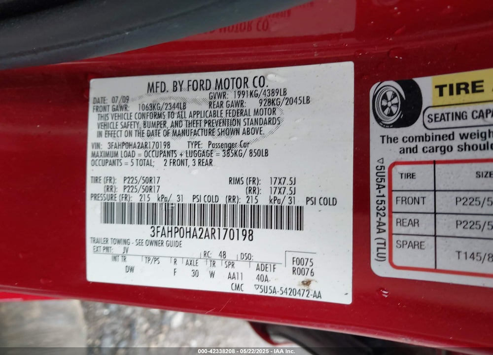 2010 FORD FUSION VIN: 3FAHP0HA2AR170198