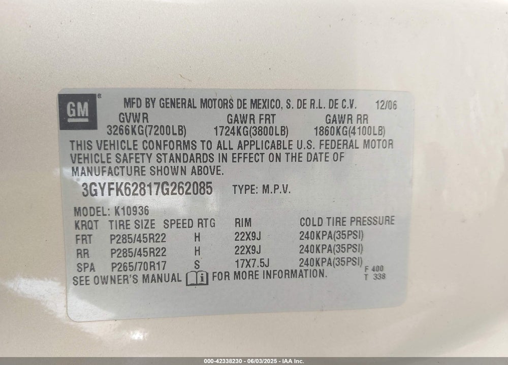 2007 CADILLAC ESCALADE VIN: 3GYFK62817G262085