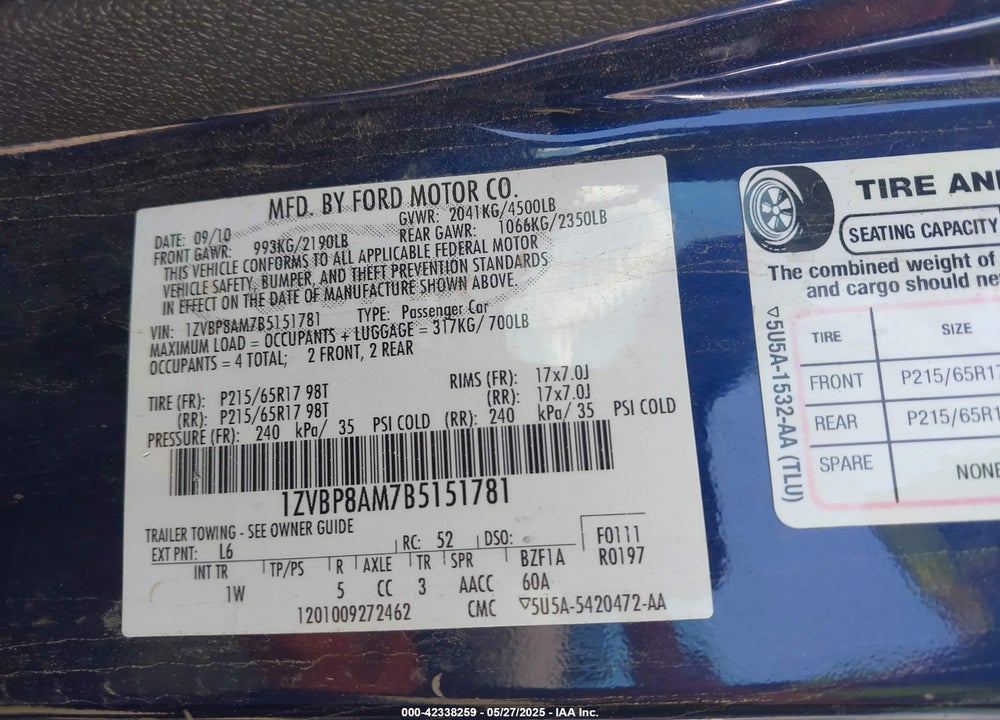 2011 FORD MUSTANG VIN: 1ZVBP8AM7B5151781