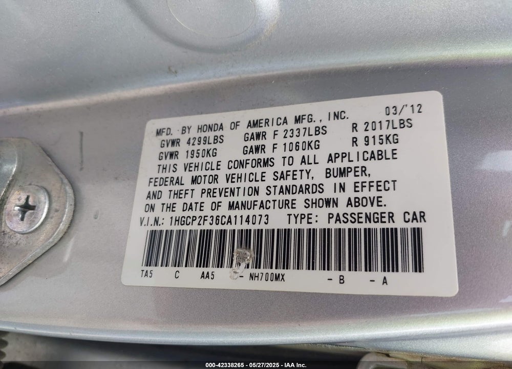 2012 HONDA ACCORD 2.4 LX VIN: 1HGCP2F36CA114073
