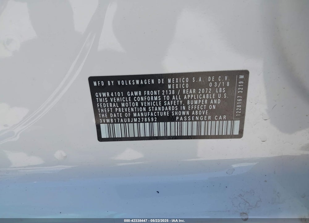 2018 VOLKSWAGEN GOLF VIN: 3VWB17AU8JM278592