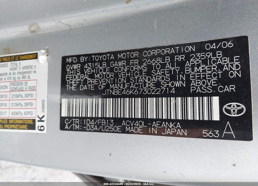 2007 TOYOTA CAMRY VIN: JTNBE46K673022714