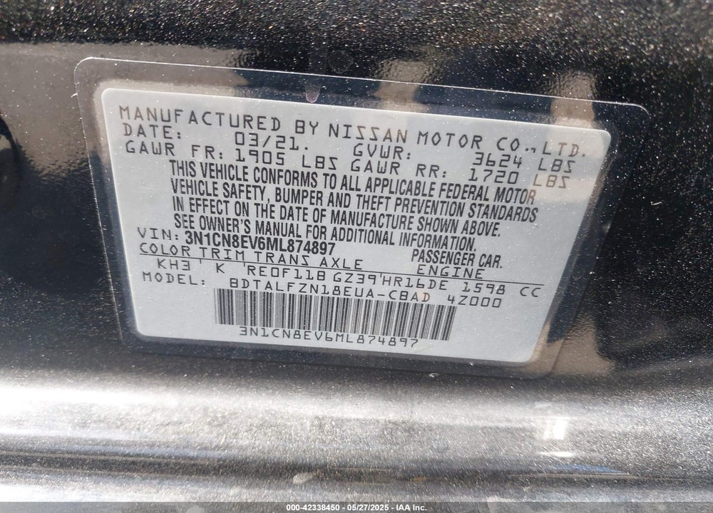 2021 NISSAN VERSA VIN: 3N1CN8EV6ML874897