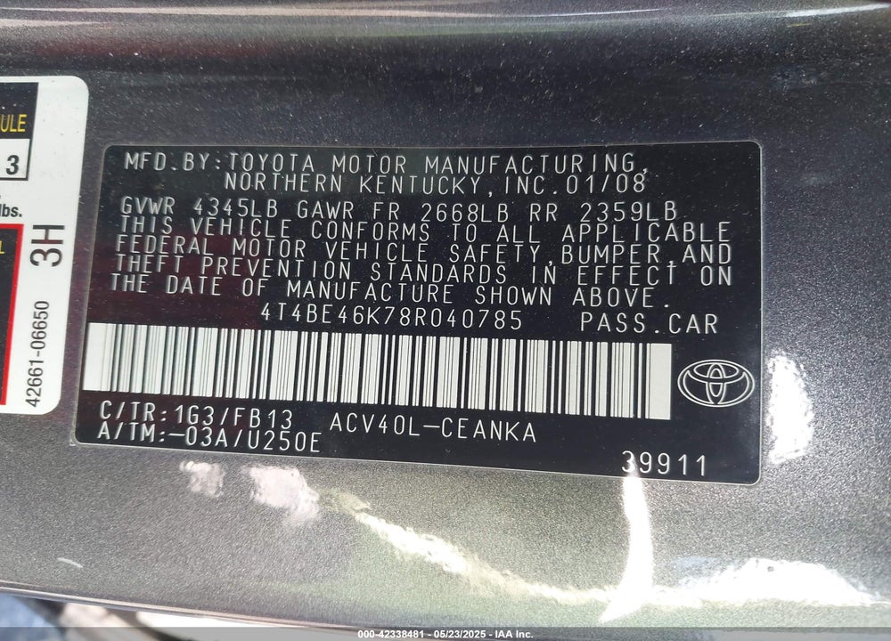 2008 TOYOTA CAMRY LE/SE/XLE VIN: 4T4BE46K78R040785