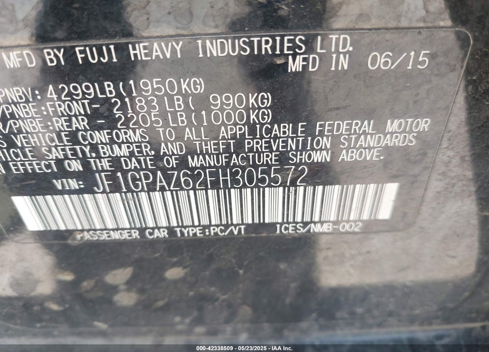 2015 SUBARU IMPREZA VIN: JF1GPAZ62FH305572