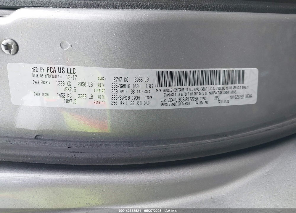 2018 CHRYSLER PACIFICA TOURING L VIN: 2C4RC1BG6JR172250