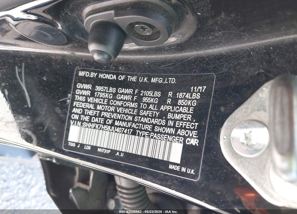 2018 HONDA CIVIC EX VIN: SHHFK7H58JU407417