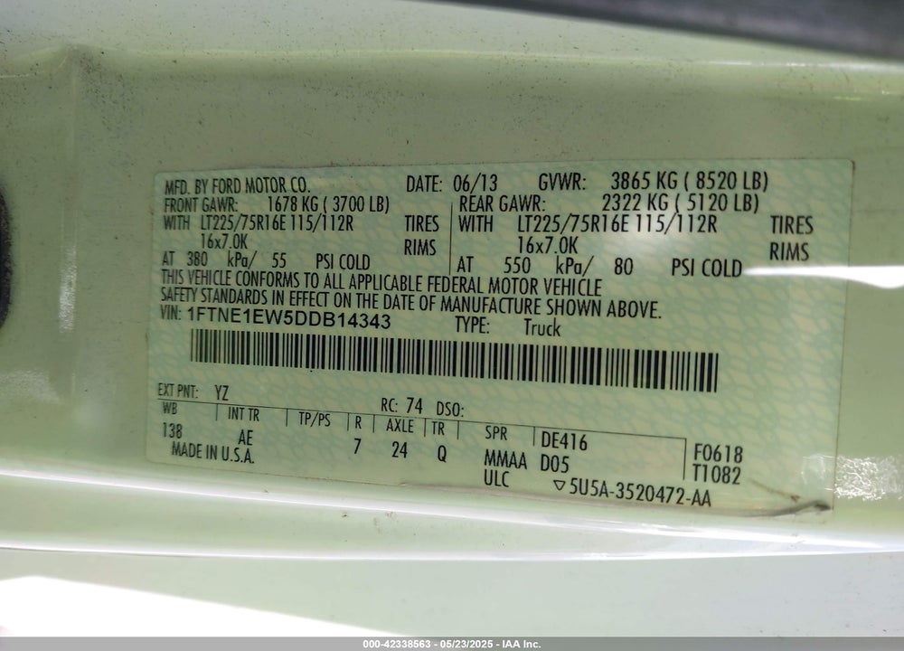 2013 FORD E 150 VIN: 1FTNE1EW5DDB14343