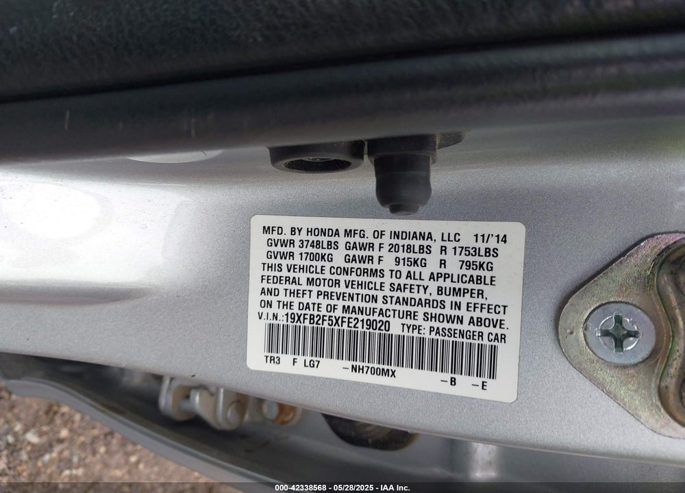 2015 HONDA CIVIC LX VIN: 19XFB2F5XFE219020