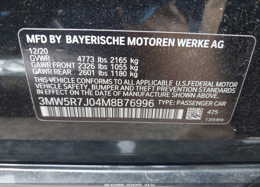 2021 BMW 3 SERIES VIN: 3MW5R7J04M8B76996