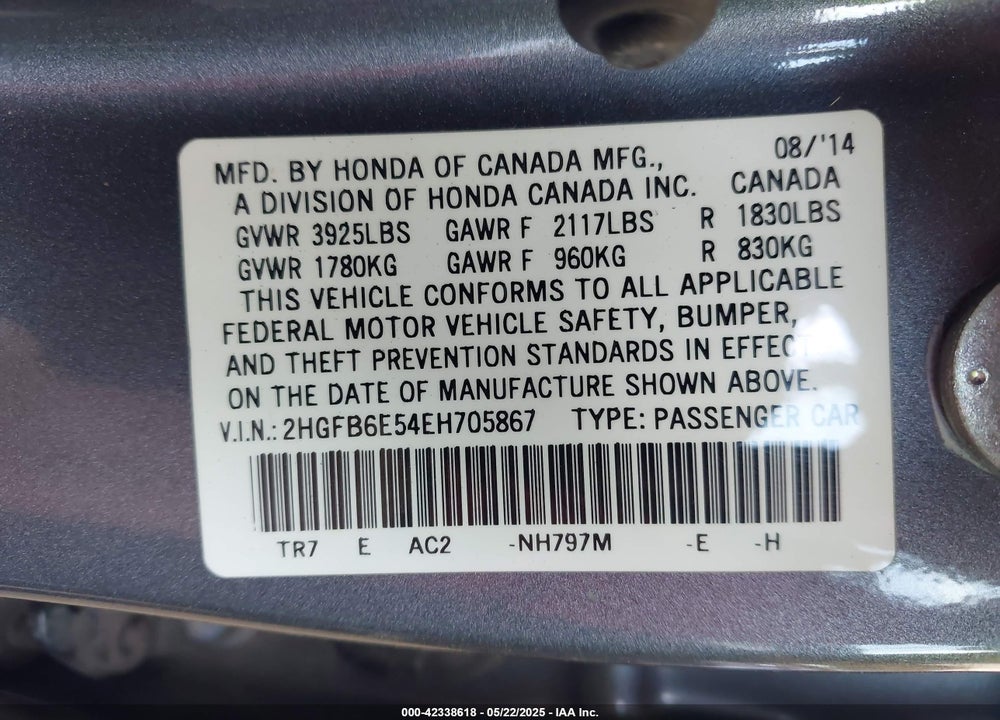 2014 HONDA CIVIC VIN: 2HGFB6E54EH705867