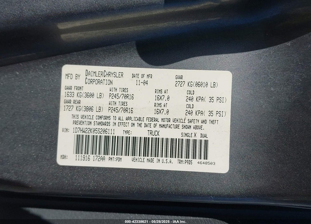 2005 DODGE DAKOTA VIN: 1D7HW22K05S206111