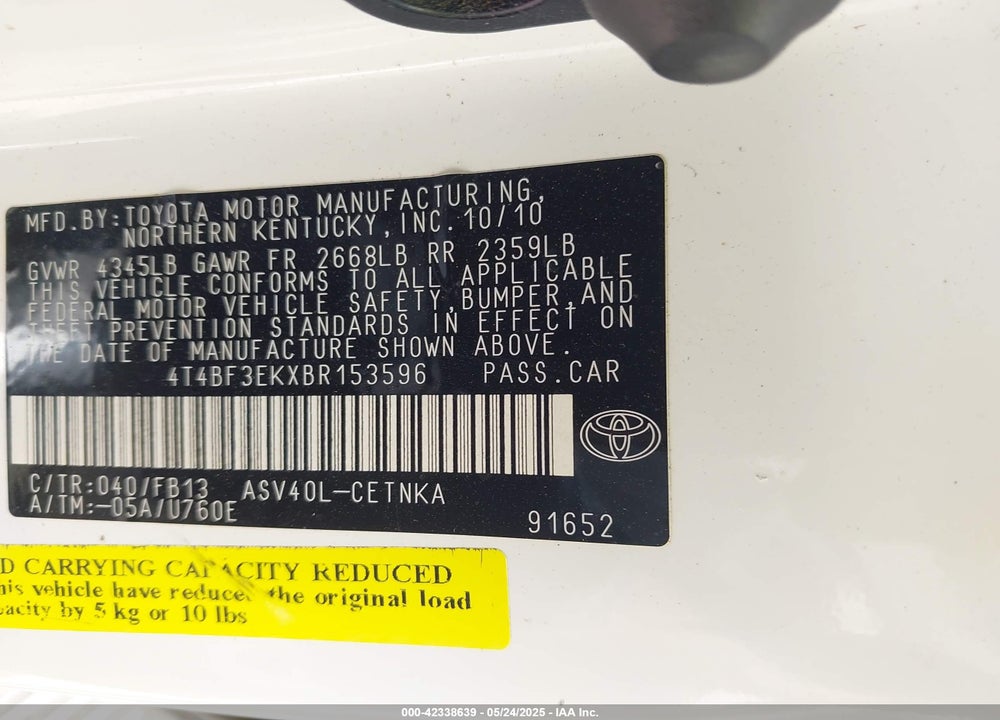 2011 TOYOTA CAMRY LE/SE/XLE VIN: 4T4BF3EKXBR153596