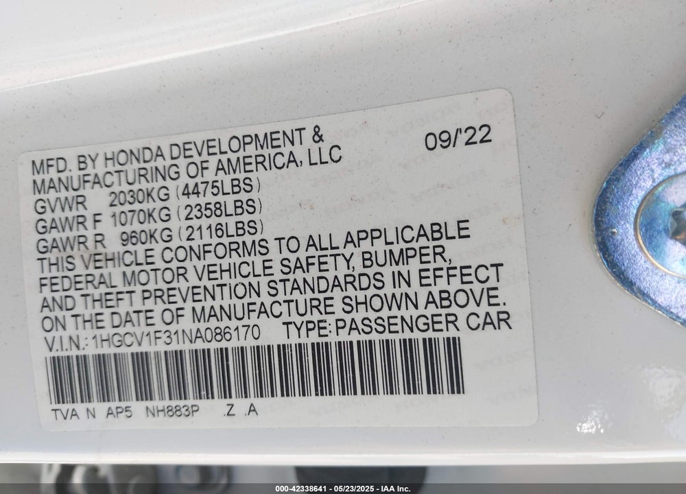 2022 HONDA ACCORD SEDAN VIN: 1HGCV1F31NA086170
